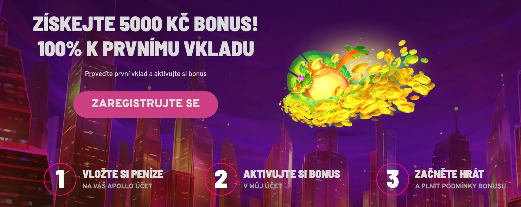 Apollo Games uvítací bonus 5000 Kč – 100% k prvnímu vkladu. Bonus 5000 Kč – 100% k prvnímu vkladu v Apollo Games kasinu.